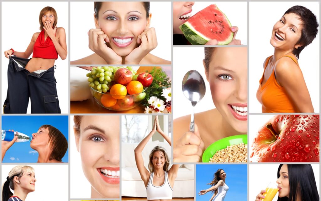 Verschieden Heilfasten Methoden zum Abnehmen und Gesundwerden in einem Mosaik