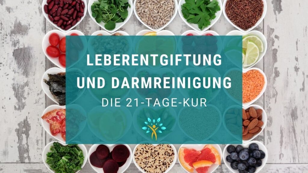 Schriftzug Leberentgiftung und Darmreinigung Anleitung zur Kur und verschiedene gesunde Lebensmittel