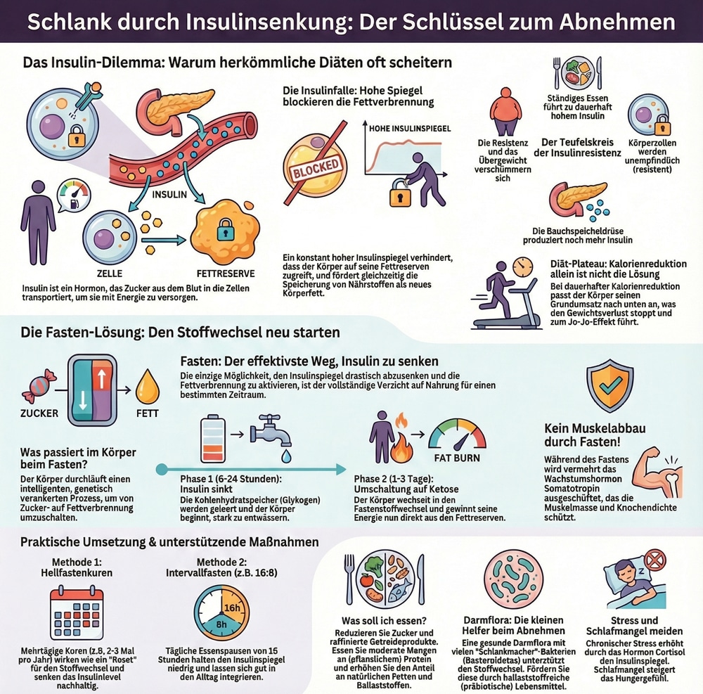 Infografik über Insulinreduktion: Fasten als Methode zum Abnehmen und Stoffwechselanregung.