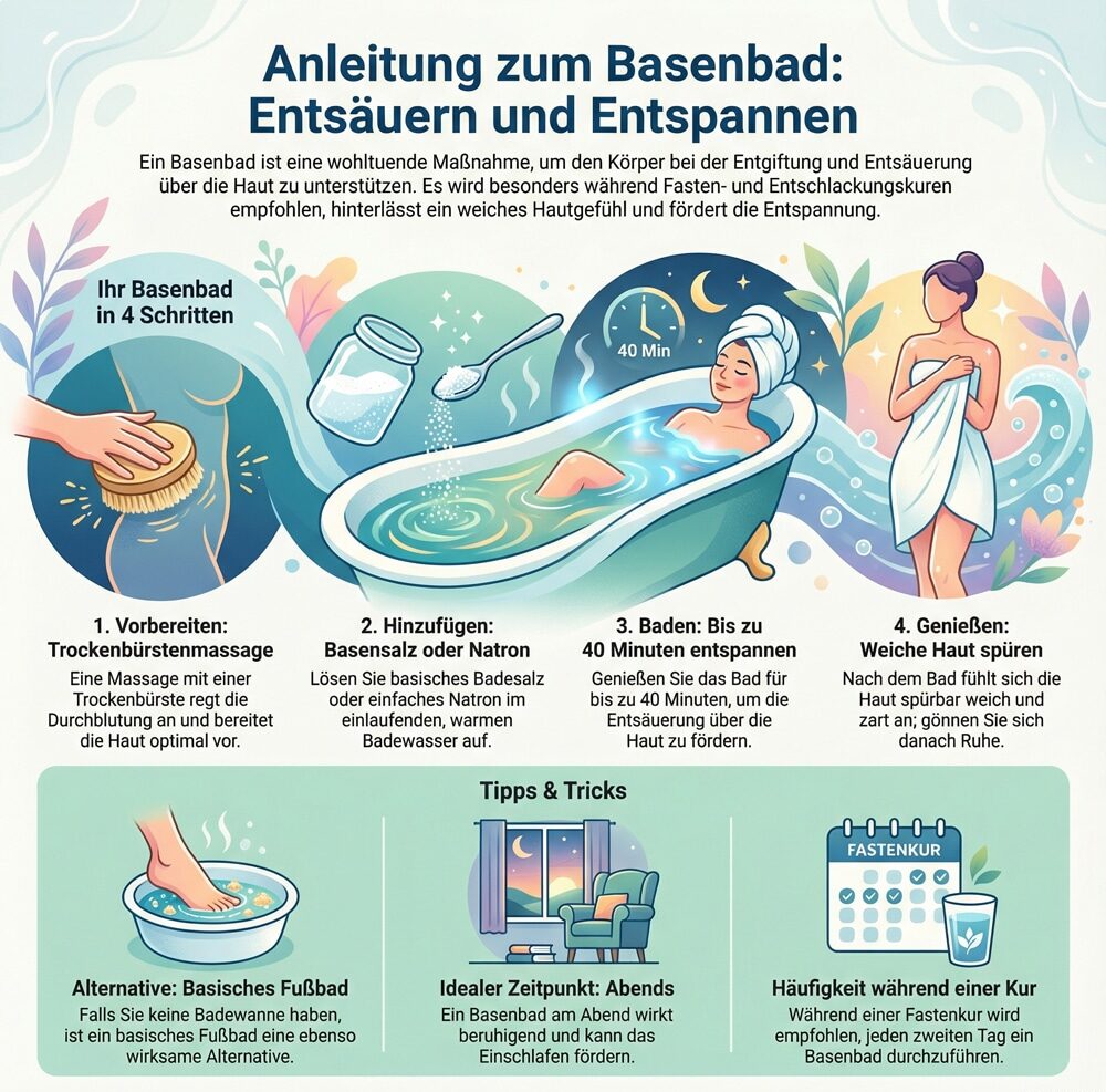 Anleitung für ein wohltuendes Basenbad: Tipps zur Entsäuerung und Entspannung.