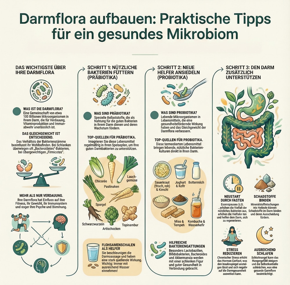 Infografik: Tipps zur Förderung eines gesunden Mikrobioms durch Prä- und Probiotika.