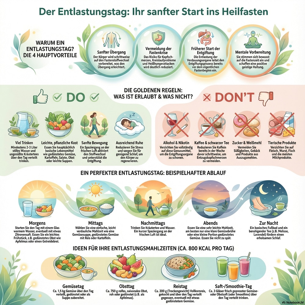 Infografik: Tipps für einen erfolgreichen Entlastungstag mit Ernährung und Aktivitäten.
