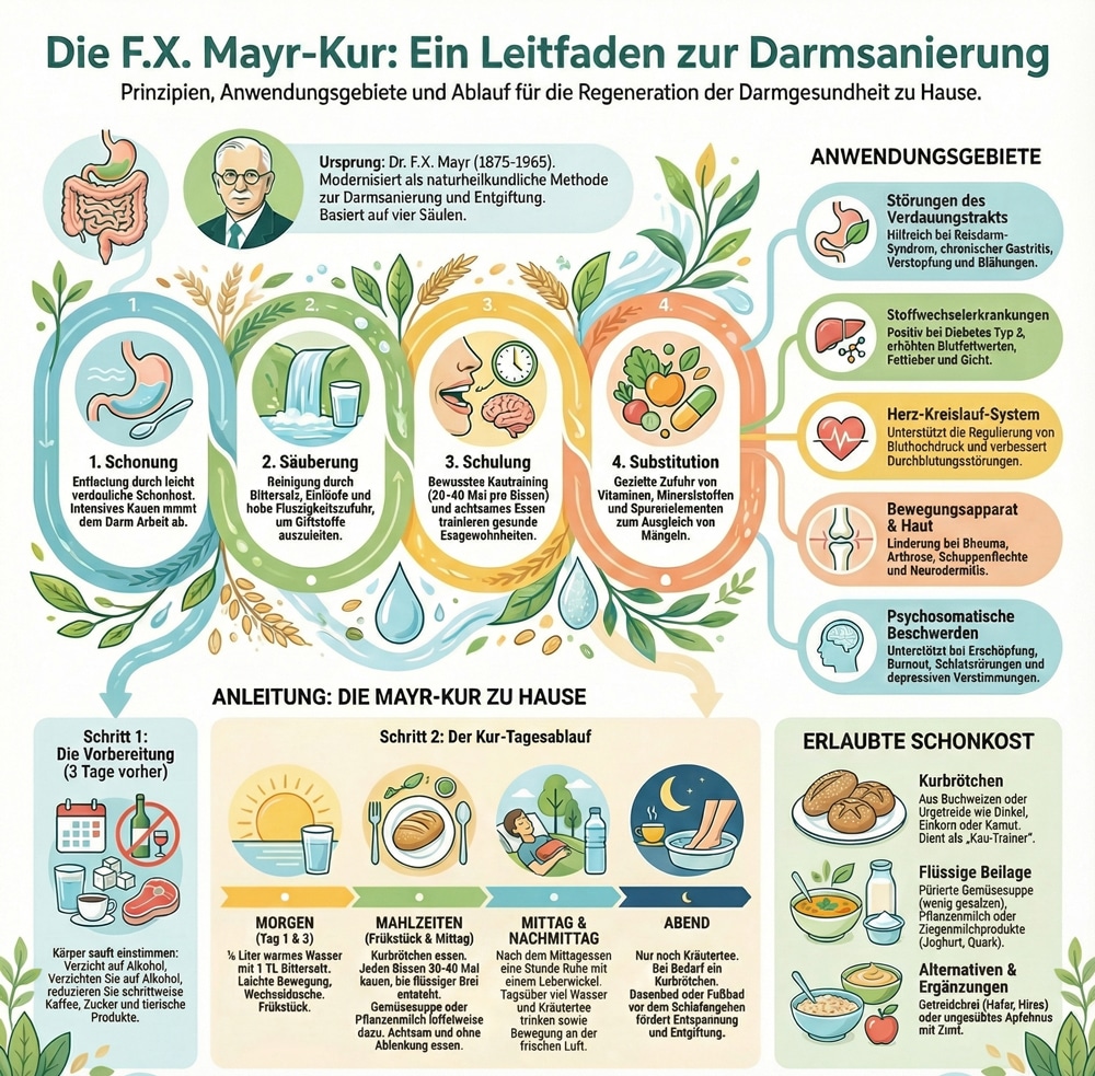 F.X. Mayr-Kur Infografik: Anleitung zur Darmsanierung und Gesundheitsförderung in vier Schritten.