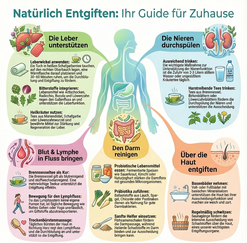 Schritte zur natürlichen Entgiftung zu Hause: Tipps für Leber, Nieren, Darm und Haut.