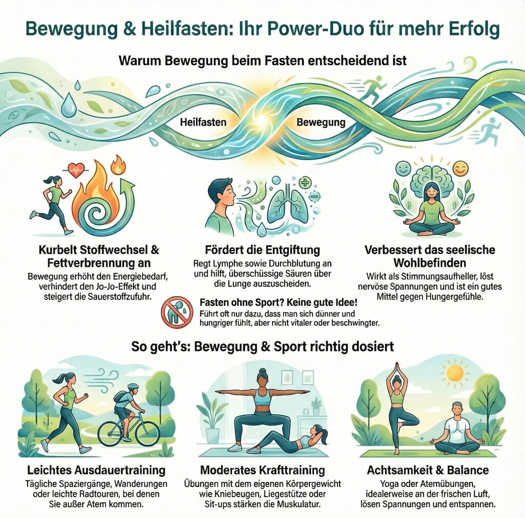 Bewegung und Heilfasten: Verbessert Stoffwechsel, Entgiftung und Wohlbefinden durch Sport und Achtsamkeit.
