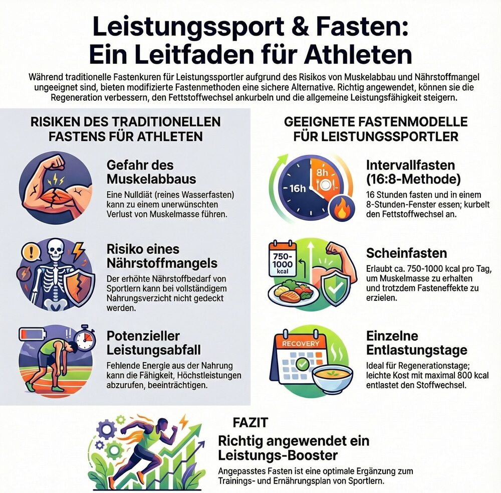 Infografik zu Leistungssport und Fasten: Risiken, geeignete Fastenmodelle und Leistungsvorteile.