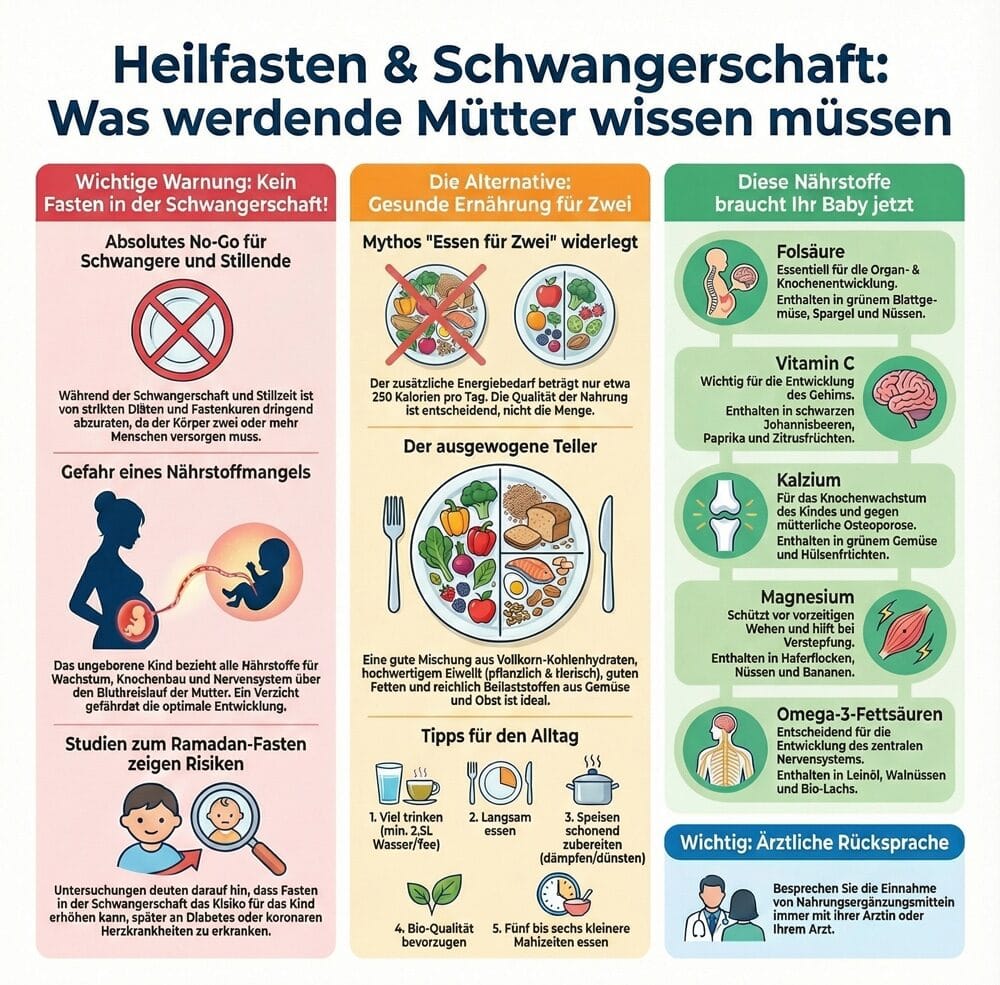 Infografik: Auswirkungen von Fasten in der Schwangerschaft und gesunde Ernährungsalternativen.