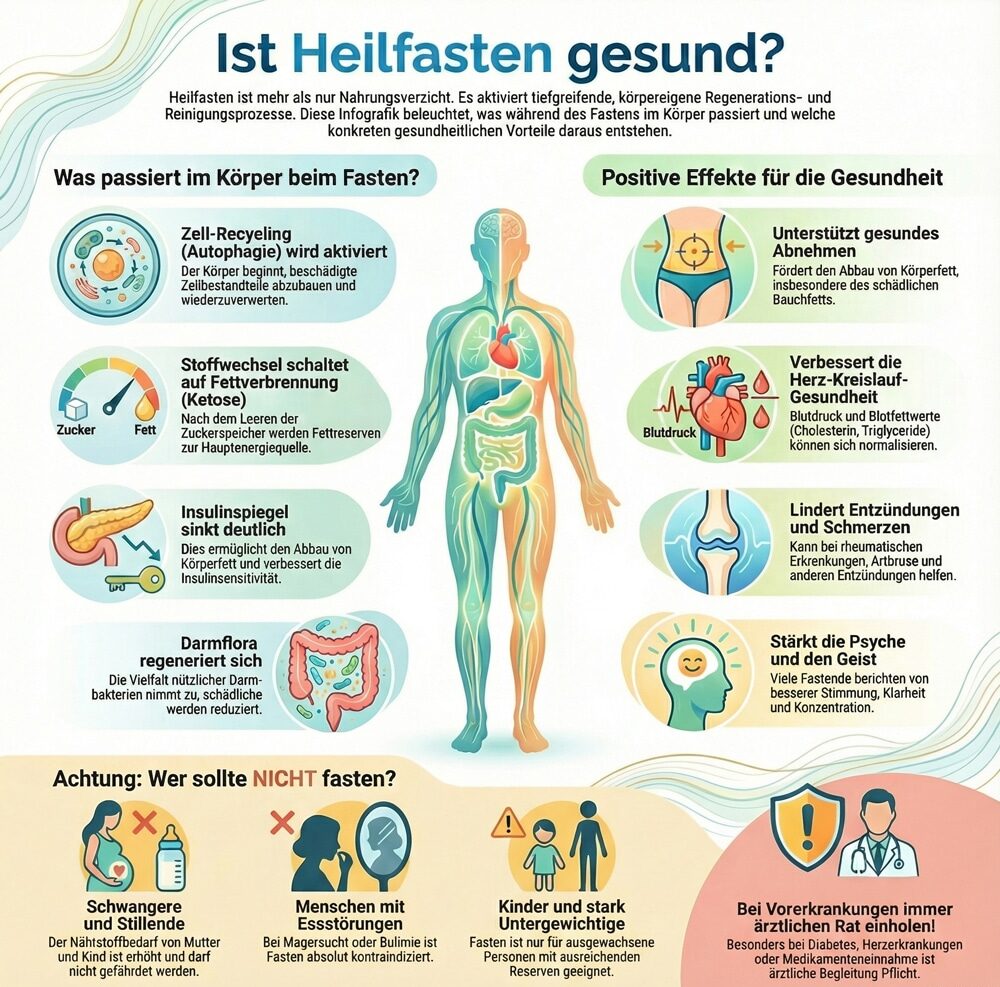 Infografik über gesundheitliche Vorteile und Risiken des Heilfastens.