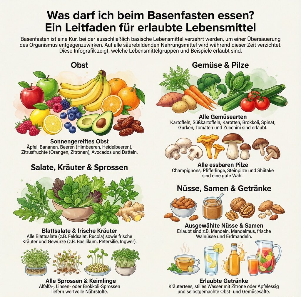 Infografik zum Basenfasten: Zugelassene Lebensmittel wie Obst, Gemüse, Nüsse und Getränke.
