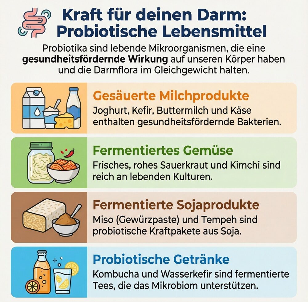 Infografik über probiotische Lebensmittel: Milchprodukte, Gemüse, Soja und Getränke zur Darmgesundheit.