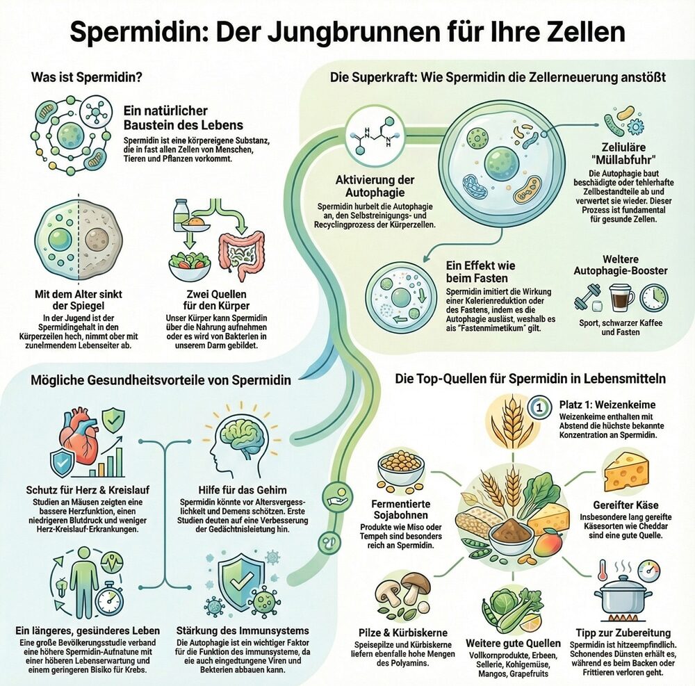 Infografik über Spermidin, dessen gesundheitliche Vorteile und Top-Quellen in Lebensmitteln.