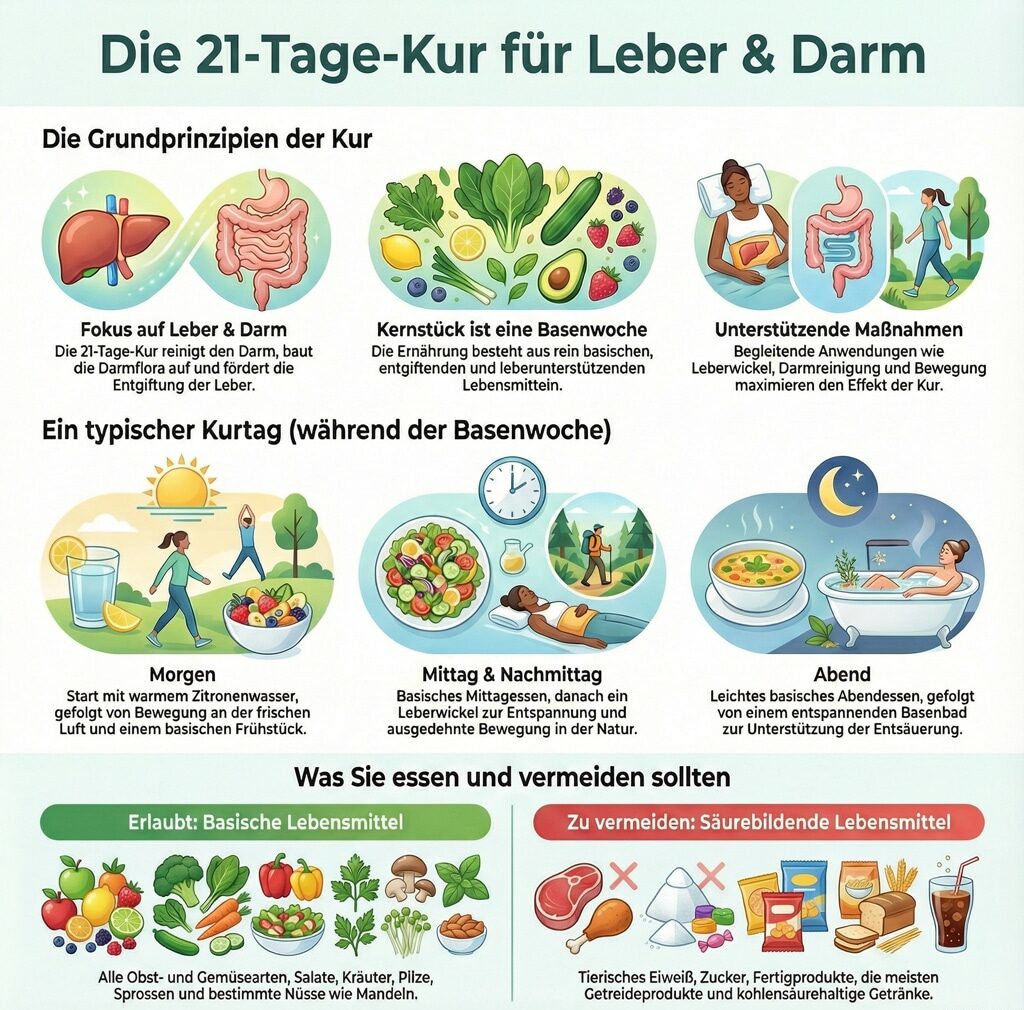 Infografik der 21-Tage-Kur für Leber und Darm, Ernährungstipps, basische Lebensmittel.