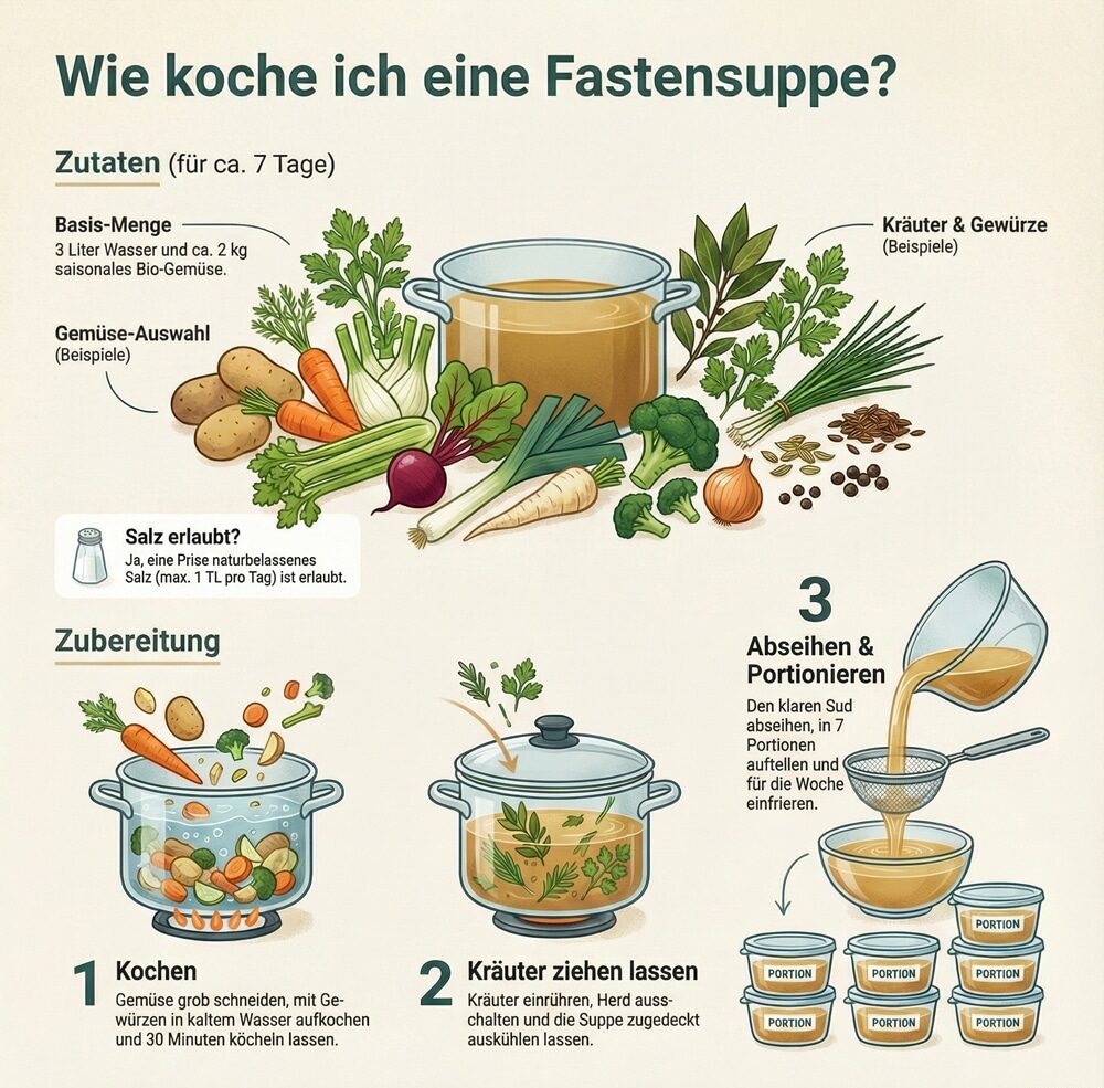 Infografik zur Zubereitung einer Fastensuppe mit Zutaten, Koch- und Portionierschritten.