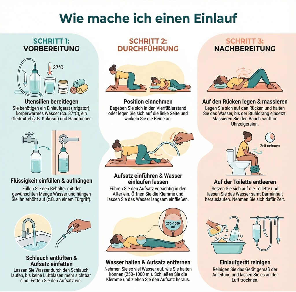 Anleitung zur Durchführung eines Einlaufs in drei Schritten: Vorbereitung, Durchführung, Nachbereitung.