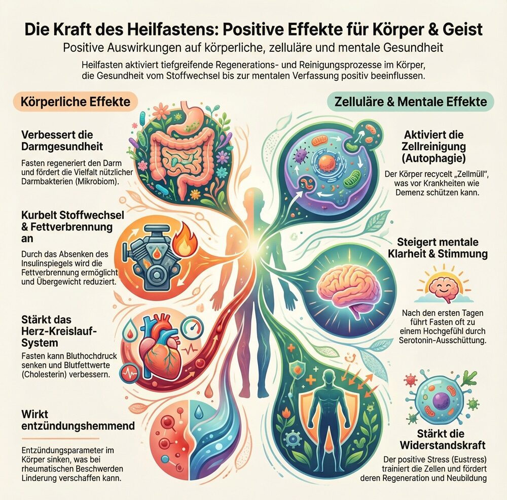 Infografik über Heilfasten: Effekte auf Darmgesundheit, Stoffwechsel, Herz, Zellen und Stimmung.
