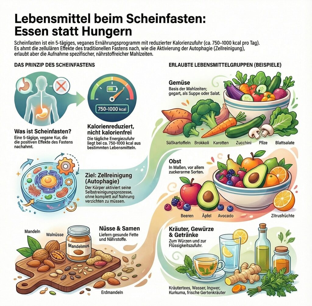 Infografik über Scheinfasten: Prinzip, Kalorienreduktion, erlaubte Lebensmittelgruppen.