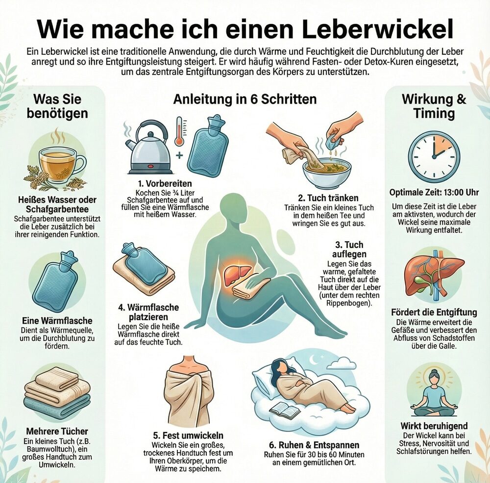 Anleitung für Leberwickel: Schritt-für-Schritt, Entgiftung, optimale Zeiten, benötigte Materialien.