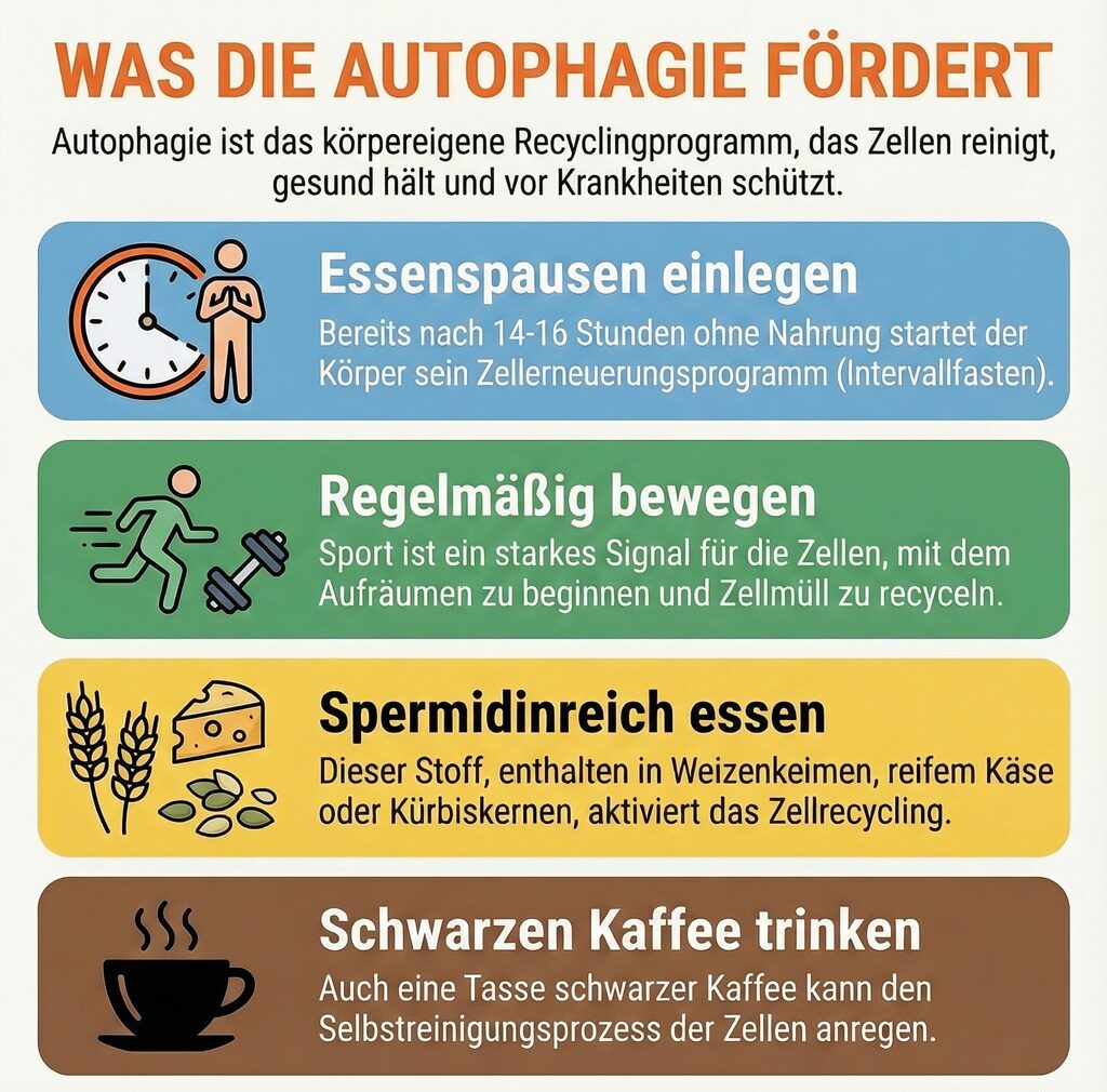 Infografik zur Förderung der Autophagie: Fasten, Bewegung, Spermidin und schwarzer Kaffee.