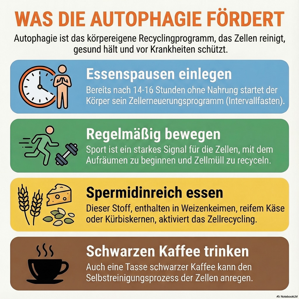 Infografik zur Förderung der Autophagie: Fasten, Bewegung, Spermidin und schwarzer Kaffee.